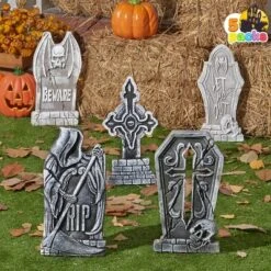 Joyfy 5pcs 17" Halloween Foam Tombstones Decoration, Halloween Graveyard Headstone Prop Cemetery Decoration With 12 Metal Stakes, Outdoor Yard Lawn