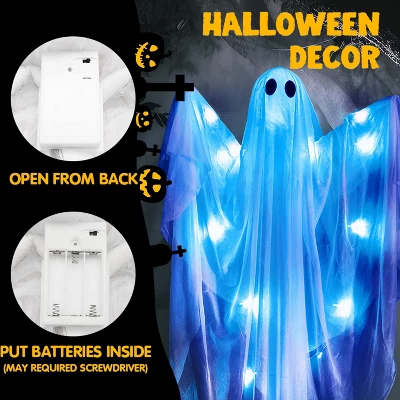 Joyfy 47” Halloween Hanging Ghost Outdoor Decoration, Flying Ghosts With Warm LED Light Party Decor Prop For Front Yard Patio Garden 2 Pack - Image 6