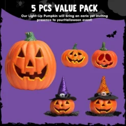 Joyfy 5 Packs Halloween Light Up Jack-o’-Lantern Combo Set, Pumpkin Prop With LED Light Halloween Tabletop Decorations Props Decor