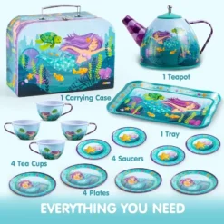 Joyfy Kid Tea Set, Mermaid Tea Party Set For Girls, Princess Pretend Play Tin Teapot Set Kitchen Toy For Girls Toddlers 2 3 4 5 6 Years Old