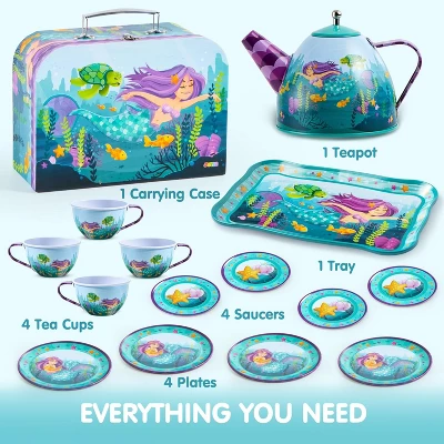 Joyfy Kid Tea Set, Mermaid Tea Party Set For Girls, Princess Pretend Play Tin Teapot Set Kitchen Toy For Girls Toddlers 2 3 4 5 6 Years Old