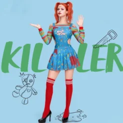 Joyfy Women's Halloween Costume Dress Creepy Doll Killer Costume Outfits With Top&Suspender Skirt&Knee-high Stockings For Adult Cosplay Party, L