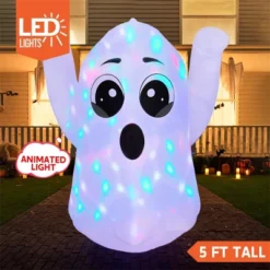Joyfy 5 FT Halloween Inflatable Outdoor Decoration, Cute Ghost With Colorful Rotating Light For Halloween Party Yard Garden Lawn Outdoor Decorations