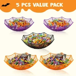 Joyfy 5pcs Halloween Plastic Spider Web Bowls Candy Basket, Candy Bowl Tableware Decorations, Halloween Candy Dish Trick Or Treat Party Supplies