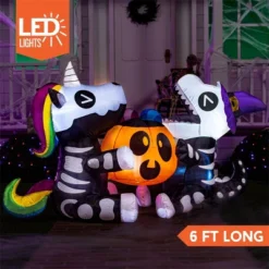 Joyfy 6 FT Long Halloween Inflatables Outdoor Decorations, Inflatable Skeleton Unicorn And Dinosaur With Pumpkin For Party Yard Garden Lawn Decoration