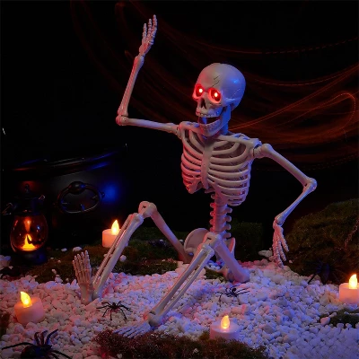 Joyfy 24'' Halloween Skeleton Decorations With LED Glowing Eyes Full Body Posable For Indoor/Outdoor Decor Spooky Scene Party Favors Graveyard Props - Image 6