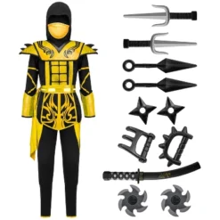 Joyfy 17Pcs Ninja Halloween Costume Set For Boys With Mask & Armor | Complete Golden Ninja Outfit Or Halloween, Dress-Up, Role Play