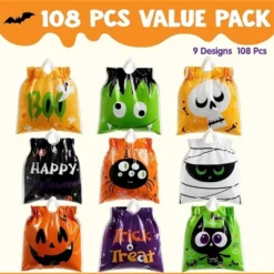 Joyfy 108 PCS Mini Halloween Drawstring Candy Bag, Party Favors Supplies, Goodie Trick Or Treat Bag With 9 Character Designs For Kids Classroom Gifts