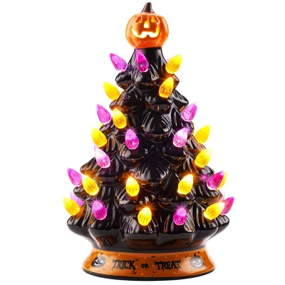 Joyfy 8.5'' Tall Halloween Tabletop Tree Decoration, Pumpkin Gnome Ceramic Tree With Built-in LEDs For Halloween Party Supplies Indoor Decorations - Image 6